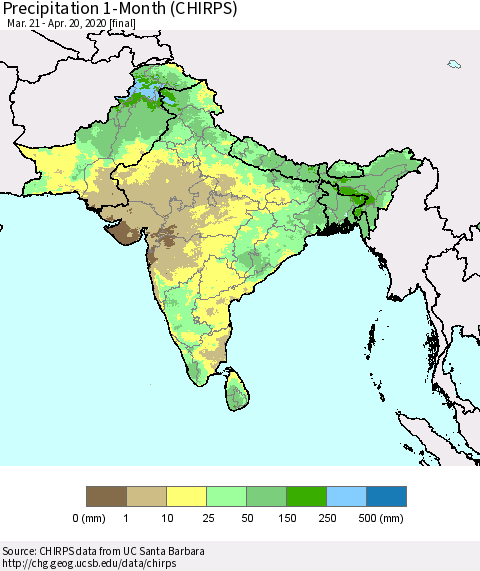 Southern Asia Precipitation 1-Month (CHIRPS) Thematic Map For 3/21/2020 - 4/20/2020