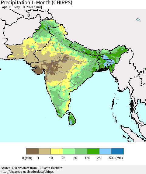 Southern Asia Precipitation 1-Month (CHIRPS) Thematic Map For 4/11/2020 - 5/10/2020