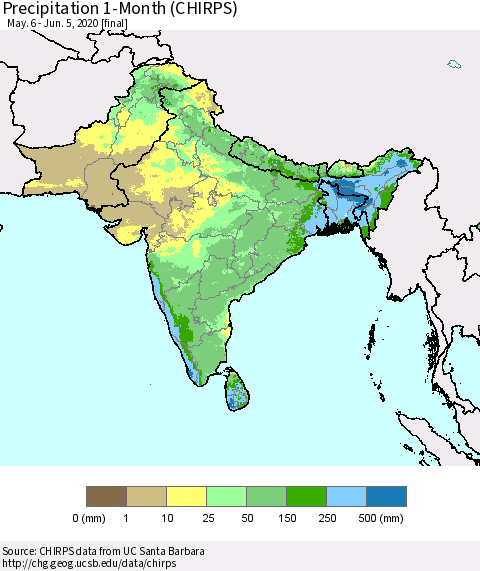 Southern Asia Precipitation 1-Month (CHIRPS) Thematic Map For 5/6/2020 - 6/5/2020