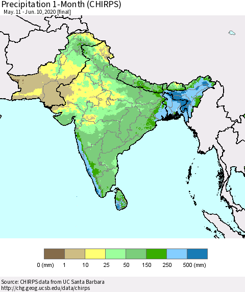 Southern Asia Precipitation 1-Month (CHIRPS) Thematic Map For 5/11/2020 - 6/10/2020
