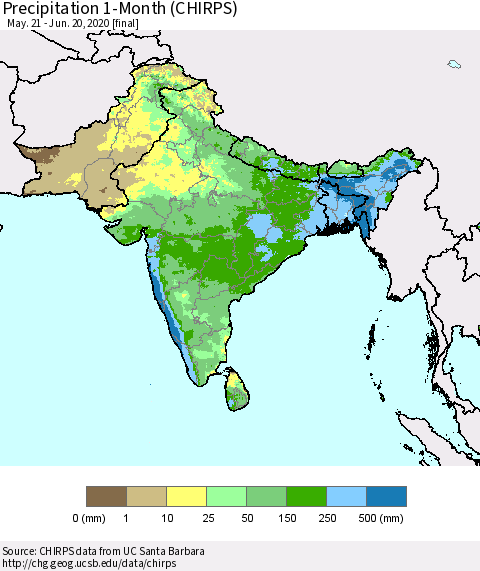 Southern Asia Precipitation 1-Month (CHIRPS) Thematic Map For 5/21/2020 - 6/20/2020
