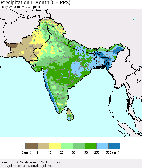 Southern Asia Precipitation 1-Month (CHIRPS) Thematic Map For 5/26/2020 - 6/25/2020