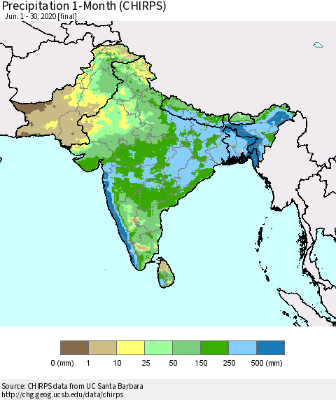 Southern Asia Precipitation 1-Month (CHIRPS) Thematic Map For 6/1/2020 - 6/30/2020