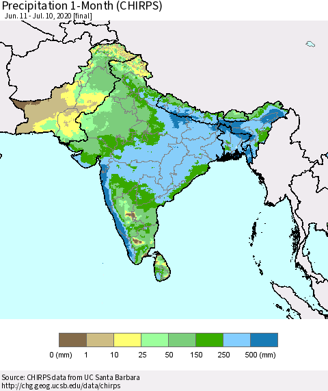 Southern Asia Precipitation 1-Month (CHIRPS) Thematic Map For 6/11/2020 - 7/10/2020