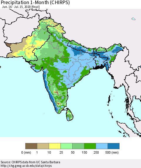 Southern Asia Precipitation 1-Month (CHIRPS) Thematic Map For 6/16/2020 - 7/15/2020