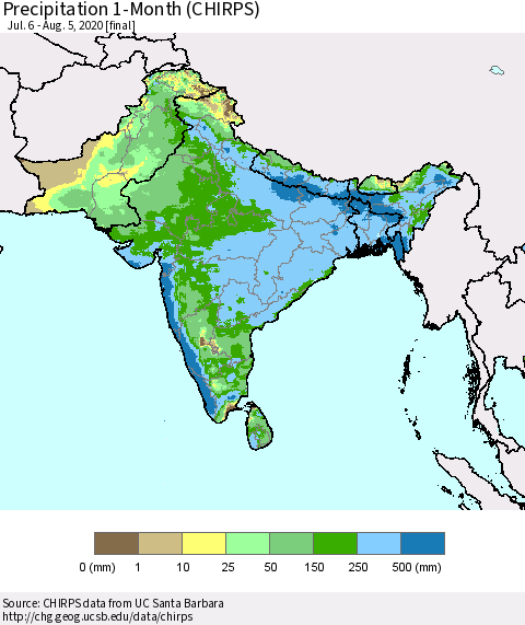 Southern Asia Precipitation 1-Month (CHIRPS) Thematic Map For 7/6/2020 - 8/5/2020
