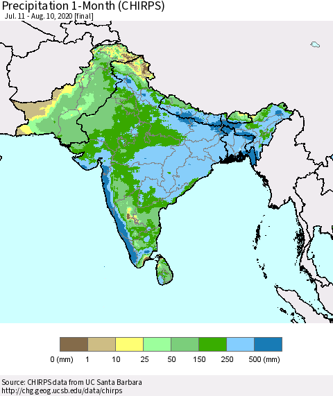 Southern Asia Precipitation 1-Month (CHIRPS) Thematic Map For 7/11/2020 - 8/10/2020