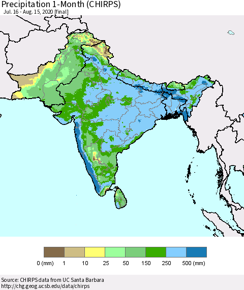 Southern Asia Precipitation 1-Month (CHIRPS) Thematic Map For 7/16/2020 - 8/15/2020