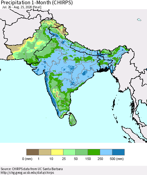 Southern Asia Precipitation 1-Month (CHIRPS) Thematic Map For 7/26/2020 - 8/25/2020