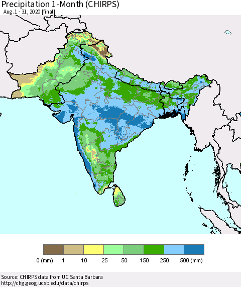 Southern Asia Precipitation 1-Month (CHIRPS) Thematic Map For 8/1/2020 - 8/31/2020