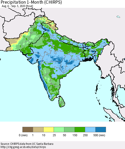 Southern Asia Precipitation 1-Month (CHIRPS) Thematic Map For 8/6/2020 - 9/5/2020