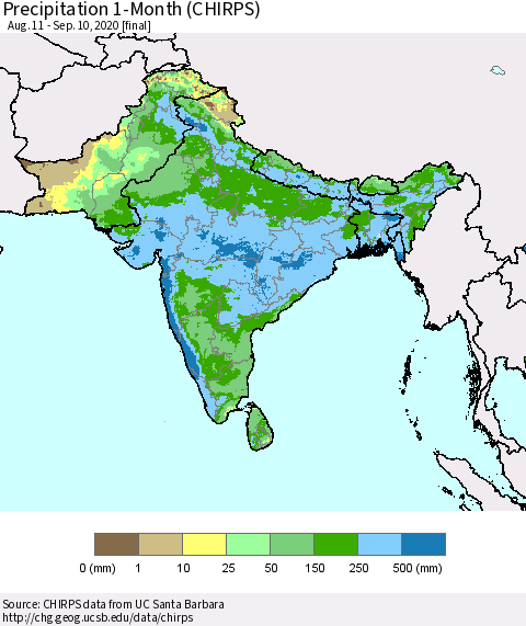 Southern Asia Precipitation 1-Month (CHIRPS) Thematic Map For 8/11/2020 - 9/10/2020