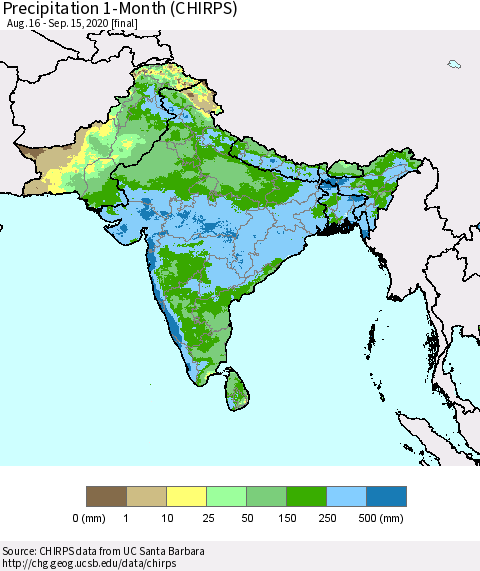 Southern Asia Precipitation 1-Month (CHIRPS) Thematic Map For 8/16/2020 - 9/15/2020