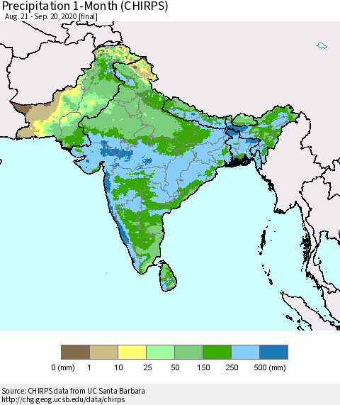 Southern Asia Precipitation 1-Month (CHIRPS) Thematic Map For 8/21/2020 - 9/20/2020