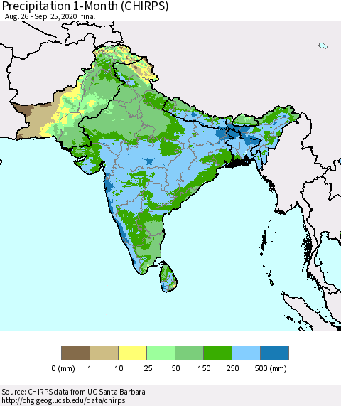 Southern Asia Precipitation 1-Month (CHIRPS) Thematic Map For 8/26/2020 - 9/25/2020