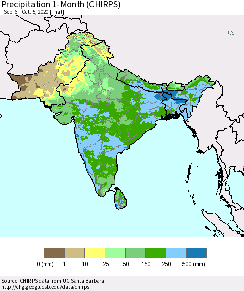 Southern Asia Precipitation 1-Month (CHIRPS) Thematic Map For 9/6/2020 - 10/5/2020