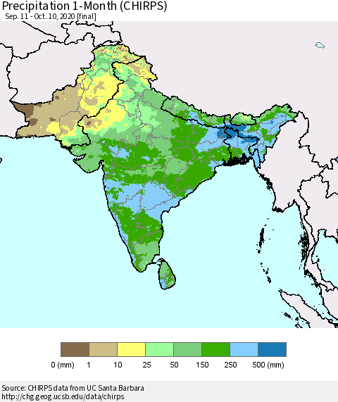 Southern Asia Precipitation 1-Month (CHIRPS) Thematic Map For 9/11/2020 - 10/10/2020