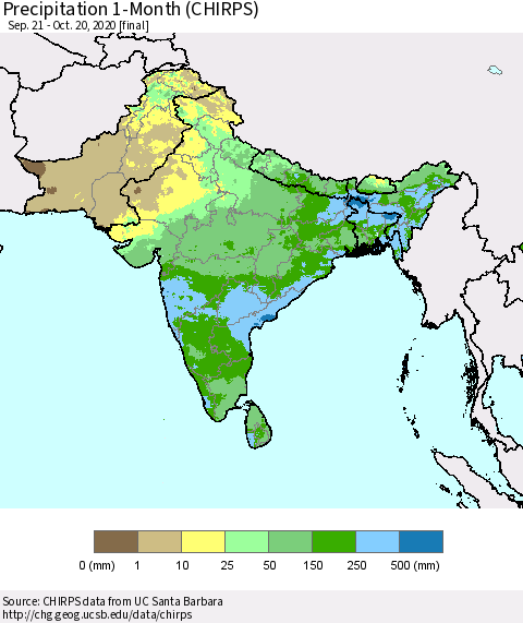 Southern Asia Precipitation 1-Month (CHIRPS) Thematic Map For 9/21/2020 - 10/20/2020