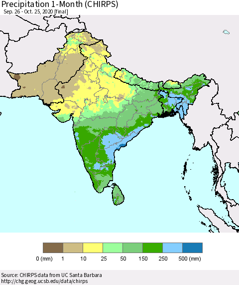 Southern Asia Precipitation 1-Month (CHIRPS) Thematic Map For 9/26/2020 - 10/25/2020