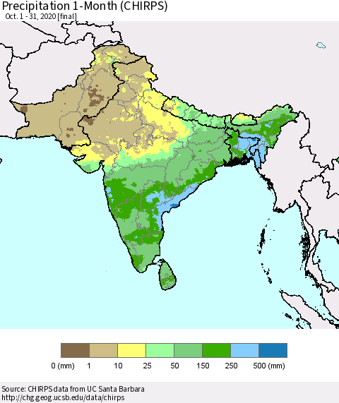 Southern Asia Precipitation 1-Month (CHIRPS) Thematic Map For 10/1/2020 - 10/31/2020