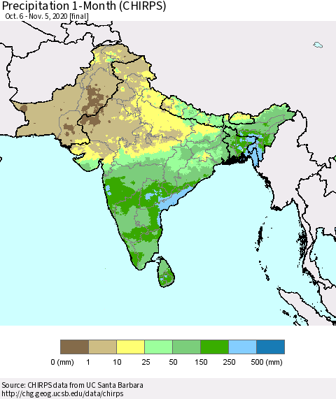 Southern Asia Precipitation 1-Month (CHIRPS) Thematic Map For 10/6/2020 - 11/5/2020
