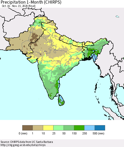 Southern Asia Precipitation 1-Month (CHIRPS) Thematic Map For 10/16/2020 - 11/15/2020