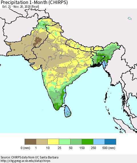 Southern Asia Precipitation 1-Month (CHIRPS) Thematic Map For 10/21/2020 - 11/20/2020
