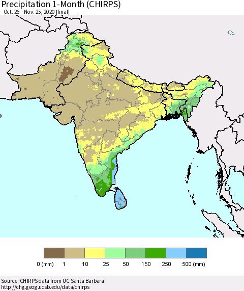 Southern Asia Precipitation 1-Month (CHIRPS) Thematic Map For 10/26/2020 - 11/25/2020