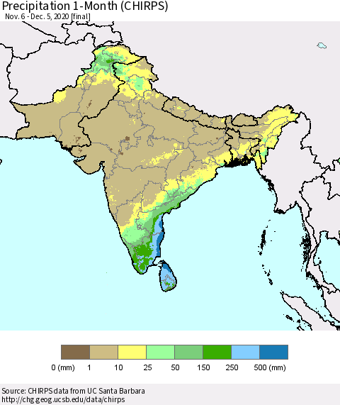 Southern Asia Precipitation 1-Month (CHIRPS) Thematic Map For 11/6/2020 - 12/5/2020