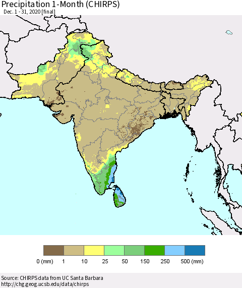 Southern Asia Precipitation 1-Month (CHIRPS) Thematic Map For 12/1/2020 - 12/31/2020
