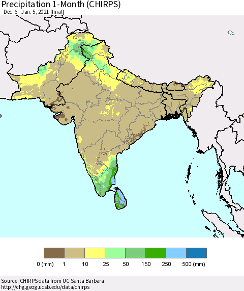 Southern Asia Precipitation 1-Month (CHIRPS) Thematic Map For 12/6/2020 - 1/5/2021
