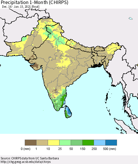 Southern Asia Precipitation 1-Month (CHIRPS) Thematic Map For 12/16/2020 - 1/15/2021