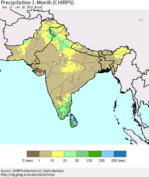 Southern Asia Precipitation 1-Month (CHIRPS) Thematic Map For 12/21/2020 - 1/20/2021