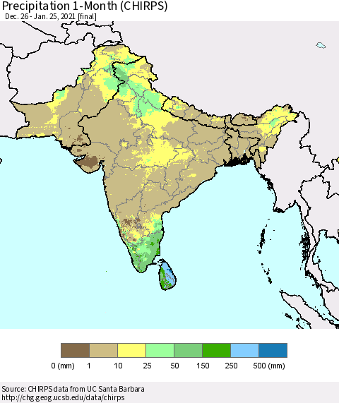 Southern Asia Precipitation 1-Month (CHIRPS) Thematic Map For 12/26/2020 - 1/25/2021
