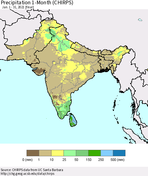 Southern Asia Precipitation 1-Month (CHIRPS) Thematic Map For 1/1/2021 - 1/31/2021