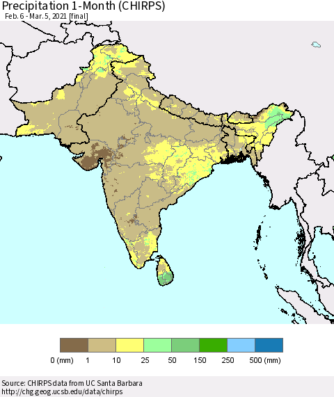 Southern Asia Precipitation 1-Month (CHIRPS) Thematic Map For 2/6/2021 - 3/5/2021