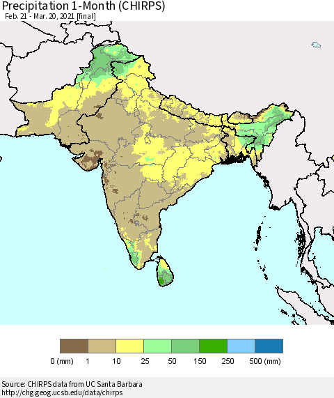 Southern Asia Precipitation 1-Month (CHIRPS) Thematic Map For 2/21/2021 - 3/20/2021
