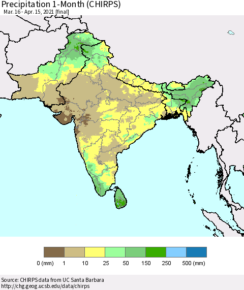 Southern Asia Precipitation 1-Month (CHIRPS) Thematic Map For 3/16/2021 - 4/15/2021