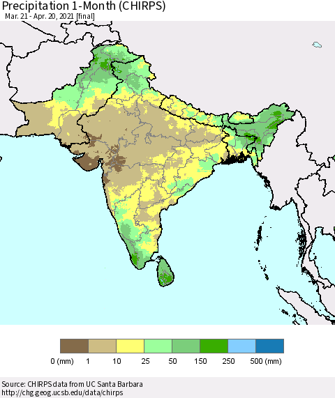 Southern Asia Precipitation 1-Month (CHIRPS) Thematic Map For 3/21/2021 - 4/20/2021