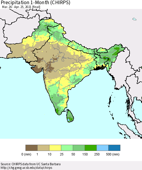 Southern Asia Precipitation 1-Month (CHIRPS) Thematic Map For 3/26/2021 - 4/25/2021