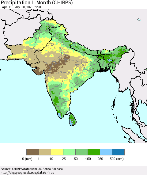 Southern Asia Precipitation 1-Month (CHIRPS) Thematic Map For 4/11/2021 - 5/10/2021