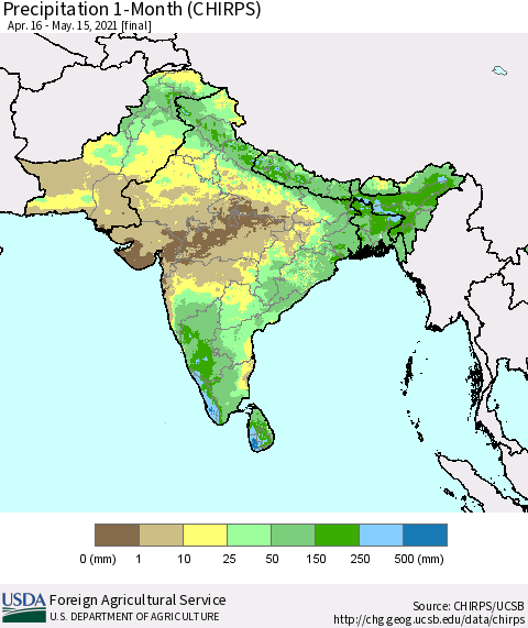 Southern Asia Precipitation 1-Month (CHIRPS) Thematic Map For 4/16/2021 - 5/15/2021