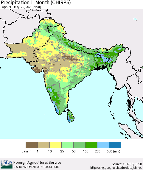 Southern Asia Precipitation 1-Month (CHIRPS) Thematic Map For 4/21/2021 - 5/20/2021