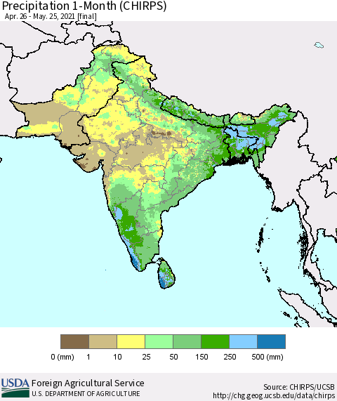 Southern Asia Precipitation 1-Month (CHIRPS) Thematic Map For 4/26/2021 - 5/25/2021