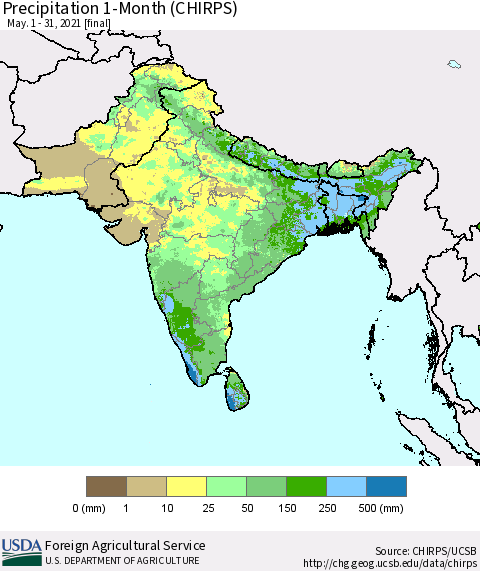 Southern Asia Precipitation 1-Month (CHIRPS) Thematic Map For 5/1/2021 - 5/31/2021