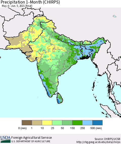 Southern Asia Precipitation 1-Month (CHIRPS) Thematic Map For 5/6/2021 - 6/5/2021