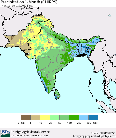 Southern Asia Precipitation 1-Month (CHIRPS) Thematic Map For 5/11/2021 - 6/10/2021