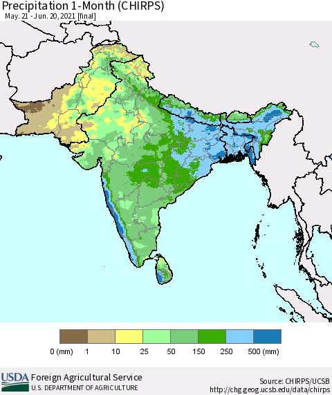 Southern Asia Precipitation 1-Month (CHIRPS) Thematic Map For 5/21/2021 - 6/20/2021