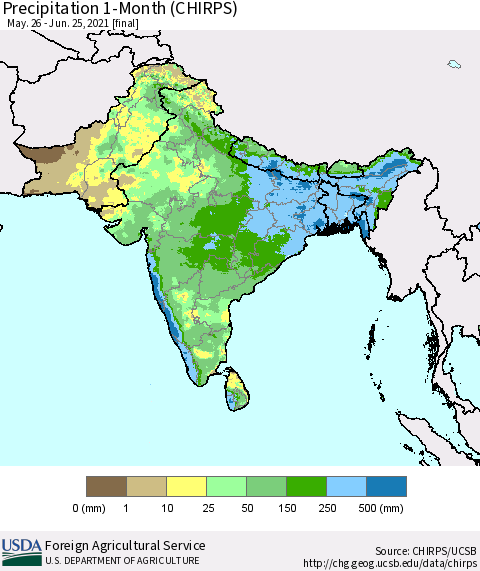 Southern Asia Precipitation 1-Month (CHIRPS) Thematic Map For 5/26/2021 - 6/25/2021