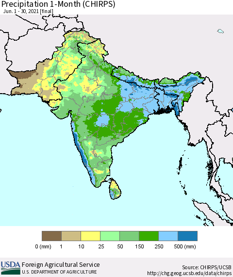 Southern Asia Precipitation 1-Month (CHIRPS) Thematic Map For 6/1/2021 - 6/30/2021